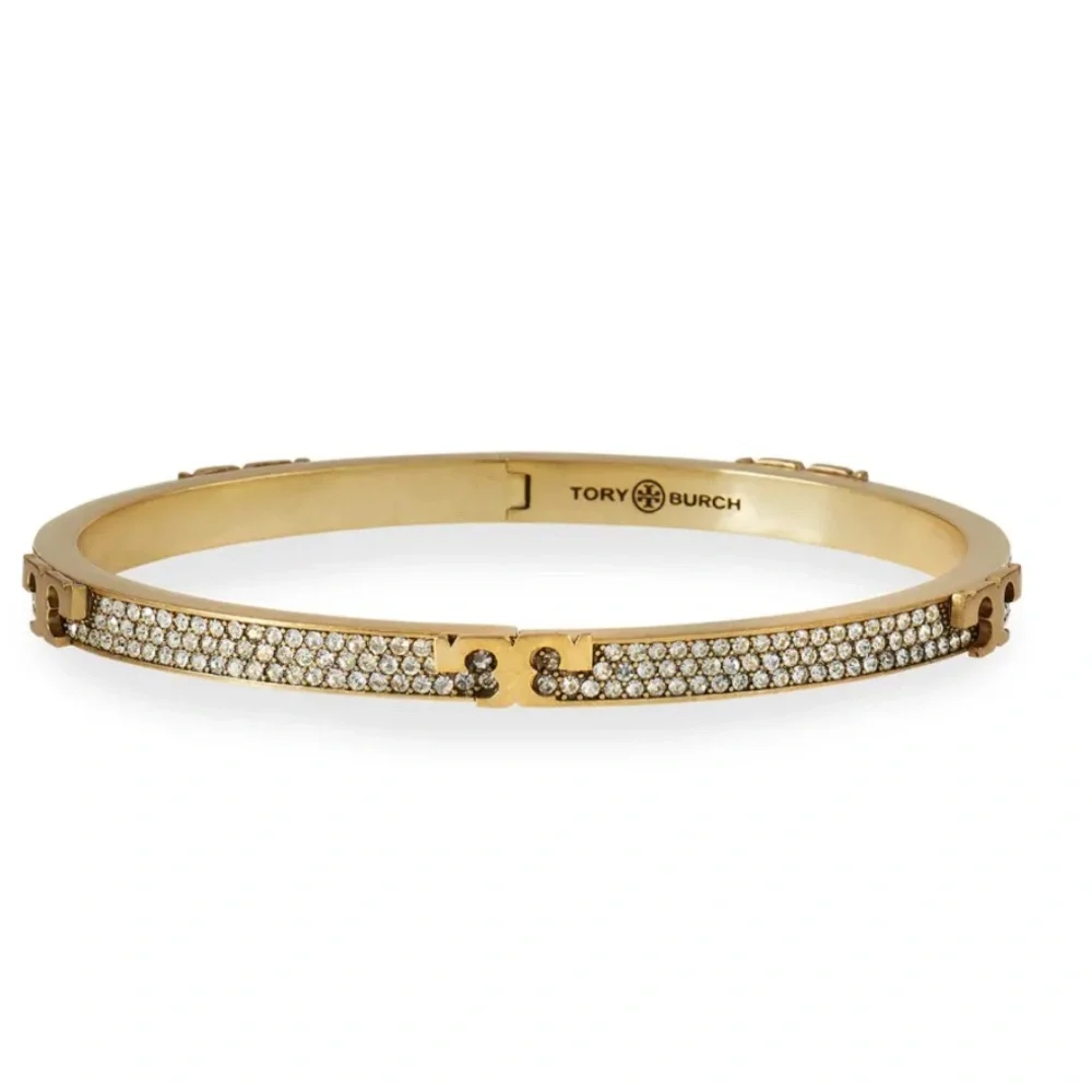 Brand New Tory Burch SERIF-T Pave Hinged Bracelet Bangle Swarovski Crystal Gold - Picture 2 of 6